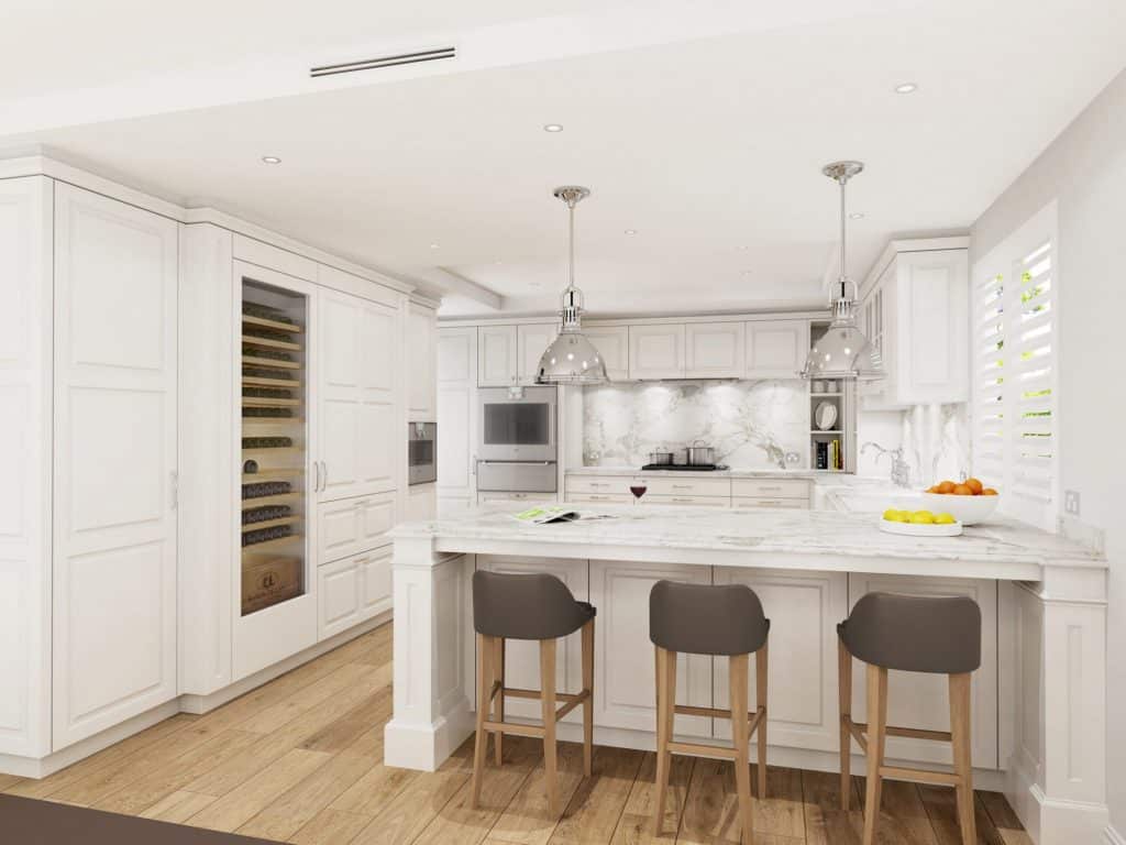 Hamptons kitchen with white doors and calacatta marble tops